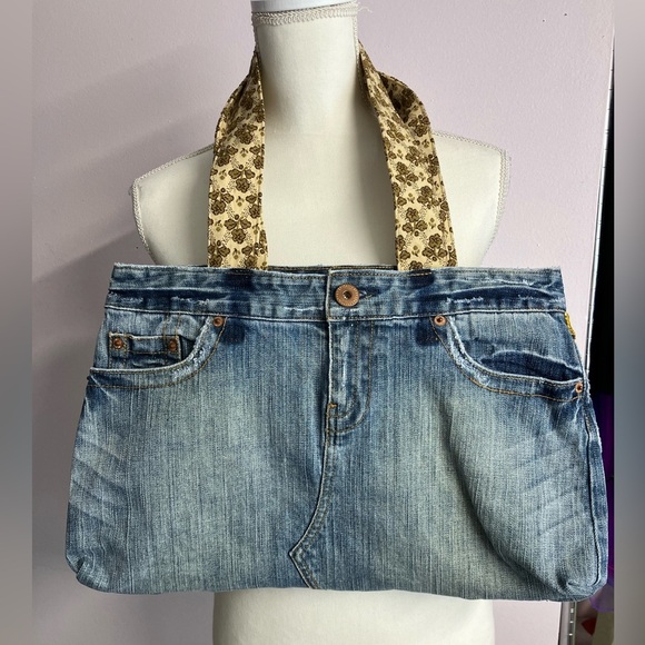 Handmade Upcycled Denim Bag/Tote, Distressed, Blue/Brown - Picture 1 of 4